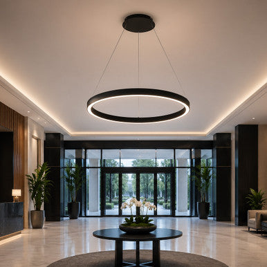 48 Inch LED Halo Pendant Light - Independent Up and Down Light - Watt Selectable 80W/60W/0W On Each Side -  Up to 6200 Lumens - Color Selectable 30K/35K/40K - 120-277V - With Suspension Hanging Kit - Black Finish