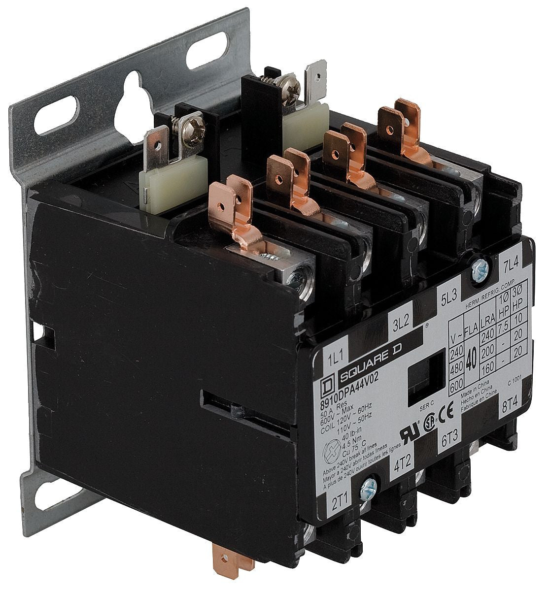 Definite Purpose Magnetic Contactor, 277V AC, 4 P, Non-Reversing, 3 Phase, Box Lug & Quick Connect - 8910DPA44V04