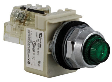 Pilot Light, Transformer, Push-To-Test, Plastic Lens Round, Green, 30mm, 120VAC - 9001KT1G31