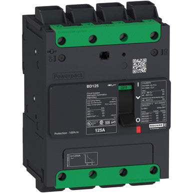 Molded Case Circuit Breaker, POWERPACT B Series, 100A, 4 Pole, 347/600V AC, 25kA at 240V AC - BDL46100