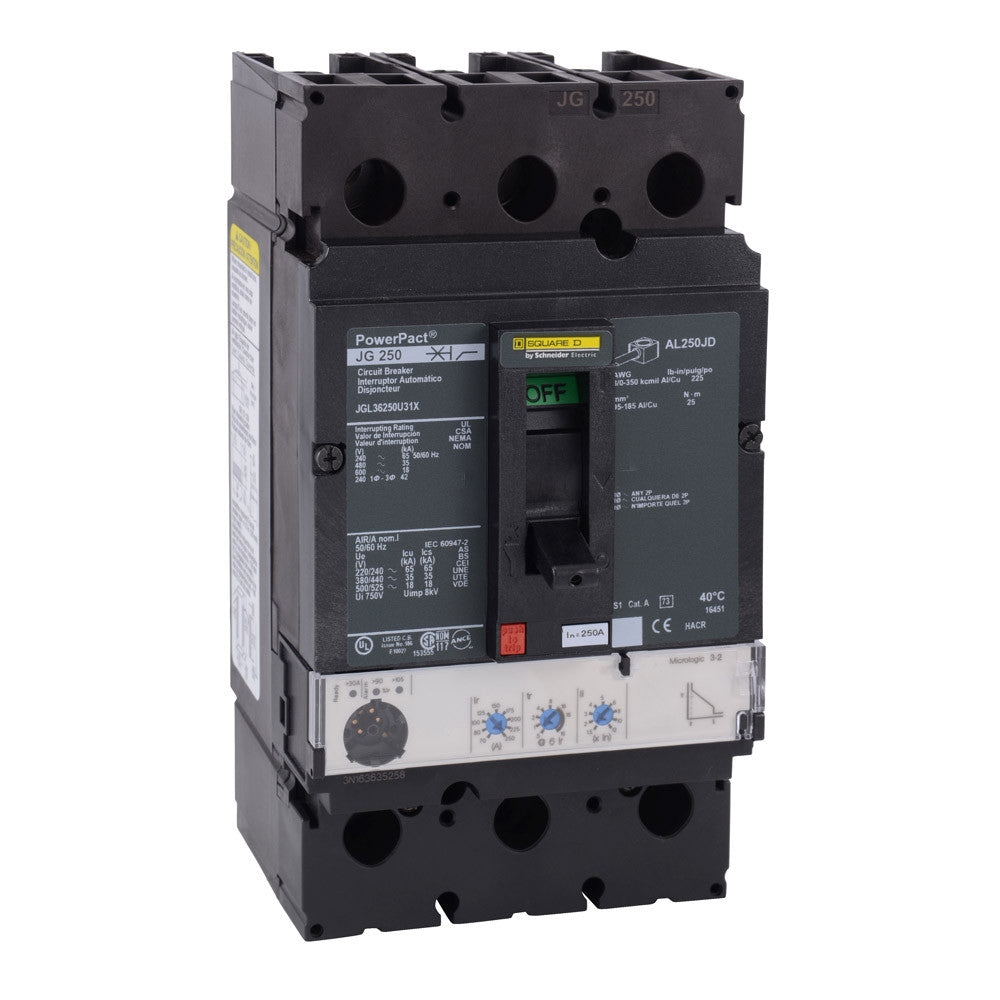 Molded Case Circuit Breaker, POWERPACT J Series, 250A, 3 Pole, 277/480V AC, 65kA at 240V AC - JGL34250WU31X