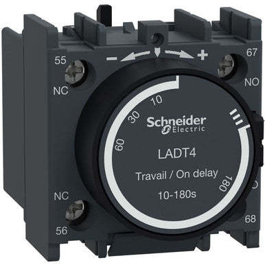 Time Delay Auxiliary Contact Blocks: 1 NC and 1 NO, On-Delay, Screw ClA, 10 to 180 sec - LADT4