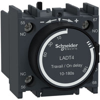 Time Delay Auxiliary Contact Blocks: 1 NC and 1 NO, On-Delay, Screw ClA, 10 to 180 sec - LADT4