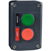 Switch, Push Button, Two Hole Enclosure, Flush Black, Red, Marked Start/stop - XALD211H7