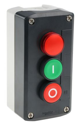 Surface mount housing, 2 pushbutton green/red, 1 indicator lamp red, 1 Form A (N/O) + 1 Form B (N/C), XALD363G - XALD363G