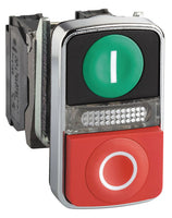 Electric Double Headed Pushbutton, Green Flush, Red Projecting, 1NO 1NC, 24V - XB4BW73731B5