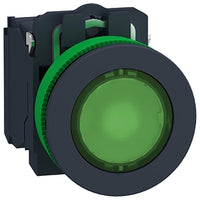 Illuminated Pushbutton, LED, Green, 1NC + 1NO 240 VAC, Spring Return from Top/Bottom - XB5FW33M5