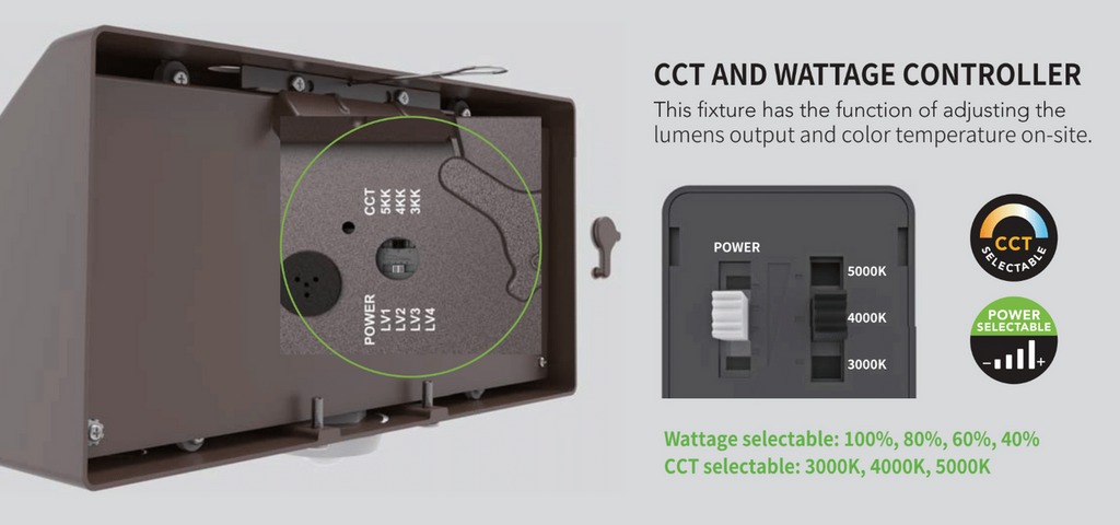 LED Cut Off Wallpack - Watt Selectable 95W/76W/57W/38W - 13800 Max Lumens - Color Selectable 30K/40K/50K - 120-277V - Bronze Finish - With Integrated Photocell