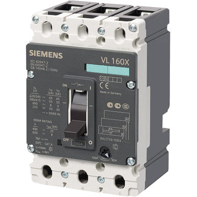 Thermal Circuit Breaker, 3 Pole(s), 160A, 690VAC, 500VDC, Panel Mount - 3VL1716-1DD36-0AA0
