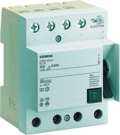 Equipment Leakage Circuit Breaker, 4 Pole(s), 63A, 400VAC, DIN Rail - 5SM36464