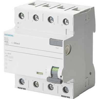 Equipment Leakage Circuit Breaker, 4 Pole(s), 63A, 400VAC, DIN Rail - 5SV3646-6KK12