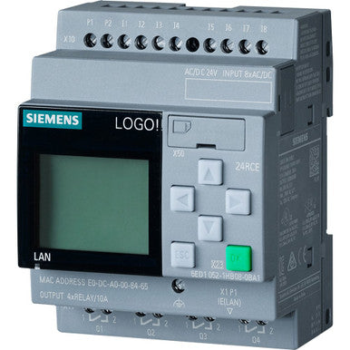 Siemens Logo! Module, Display, 24VAC/DC, 8DI 4DO Relay, Ethernet, Web Server, DIN Rail, 55Â°C Max - 6ED10521HB080BA2