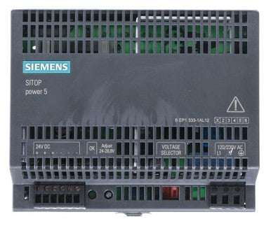 Siemens 6EP1333-1AL12 Power Supply, 24VDC Output, 5 Amps, 110-120, 230-240VAC Input, 120 Watts - 6EP1333-1AL12