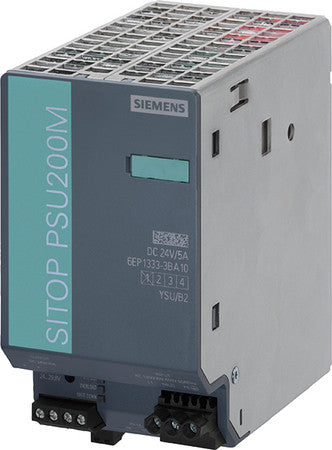 Siemens 6EP13333BA10 Power Supply. Siemens Power Supply, Stabilized, Series: SITOP PSU200M, 120 VAC/230 to 500 VAC Input, 24 VDC Output, 120 W, 2.2 - 6EP13333BA10