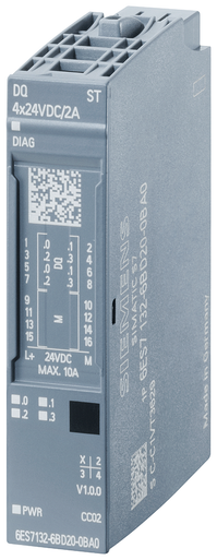 Siemens 6ES71326BD200BA0 Digital Output Module. Siemens Digital Output Module, Standard, 4 Output, 50 us Off to On/100 us On to Off, 24 VDC, 2 A, -30 - 6ES71326BD200BA0