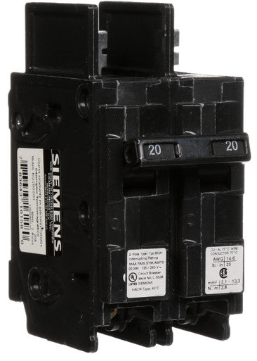 Miniature Circuit Breaker, BQH Series, 20A, 2 Pole, 120/240V AC, 22kA at 120/240V AC - BQ2B020H