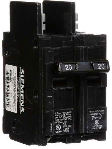 Miniature Circuit Breaker, BQ Series, 20A, 2 Pole, 120/240V AC, 10kA at 120/240V AC - BQ2B020