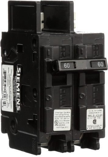 Miniature Circuit Breaker, BQH Series, 60A, 2 Pole, 120/240V AC, 22kA at 120/240V AC - BQ2B060H