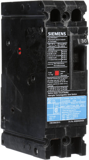 Molded Case Circuit Breaker, ED4 Series, 30A, 2 Pole, 480V AC, 18kA at 480V AC - ED42B030