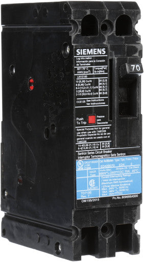 Molded Case Circuit Breaker, ED4 Series, 70A, 2 Pole, 480V AC, 18kA at 480V AC - ED42B070