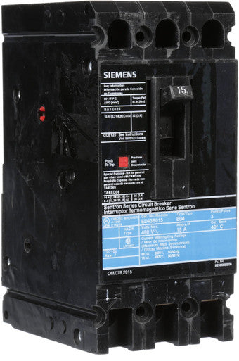Molded Case Circuit Breaker, ED4 Series, 15A, 3 Pole, 480V AC, 18kA at 480V AC - ED43B015