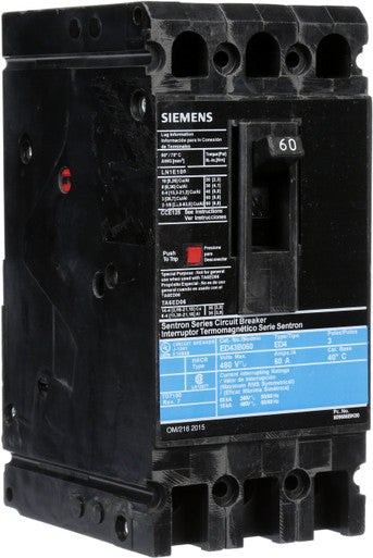 Molded Case Circuit Breaker, ED4 Series, 60A, 3 Pole, 480V AC, 18kA at 480V AC - ED43B060