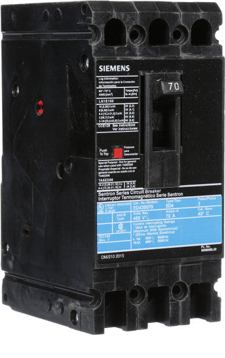 Molded Case Circuit Breaker, ED4 Series, 70A, 3 Pole, 480V AC, 18kA at 480V AC - ED43B070