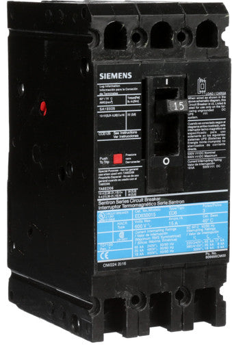 Molded Case Circuit Breaker, 15A, 3 Pole, 600V, Ed Frame, Sentron - ED63B015L