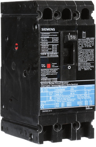 MOLDED CASE CIRCUIT BREAKER,50A,3 POLE,600 VDC, ED FRAME, SENTRON - ED63B050L