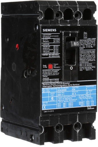Molded Case Circuit Breaker, 80A, 3 Pole, 600V, Ed Frame, Sentron - ED63B080