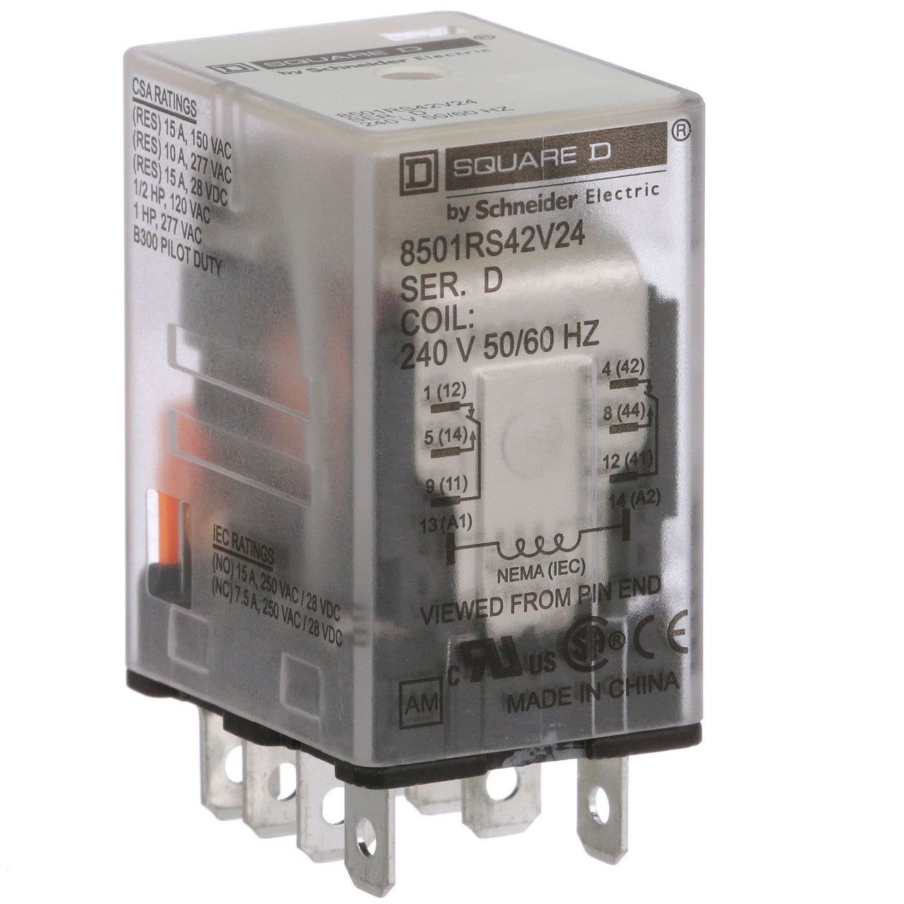 Power Relay; 14 Pin; 240 VAC; 4PDT; Socket Mount; 15A; 240 VAC; QC Tabs; 8501R Series - 8501RS42V24
