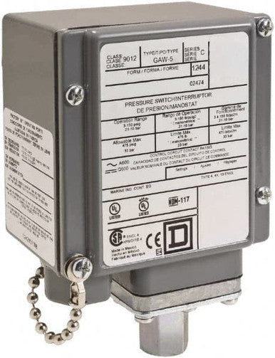 Pressure Switch, Standard, SPDT, 1 Ports, 1/4-18' FNPT, 5 to 250 psi Range, Aluminum - 9012GKW6
