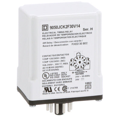 Time Delay Relay Type 9050, Off-delay, DPDT, 240VAC, 10A, Jck Series Series - 9050JCK2F30V14