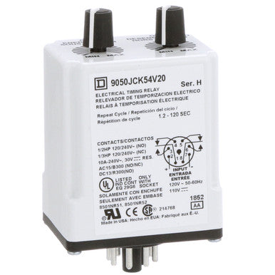 Time Delay Relay Type 9050, Repeat Cycle-off, DPDT, 120VAC/110VDC, Jck Series - 9050JCK54V20