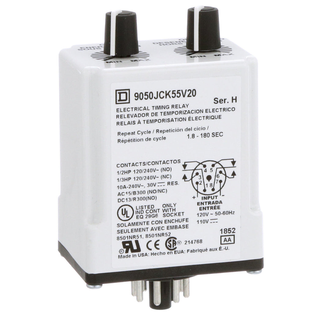 Time Delay Relay Type 9050; Repeat Cycle-Off; DPDT; 120VAC/110VDC; JCK Series - 9050JCK55V20