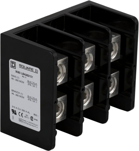 Power Distribution Block, Open, 3 Pole, 310 A Copper, 600 V AC/DC, Surface Mount - 9080LBA363101