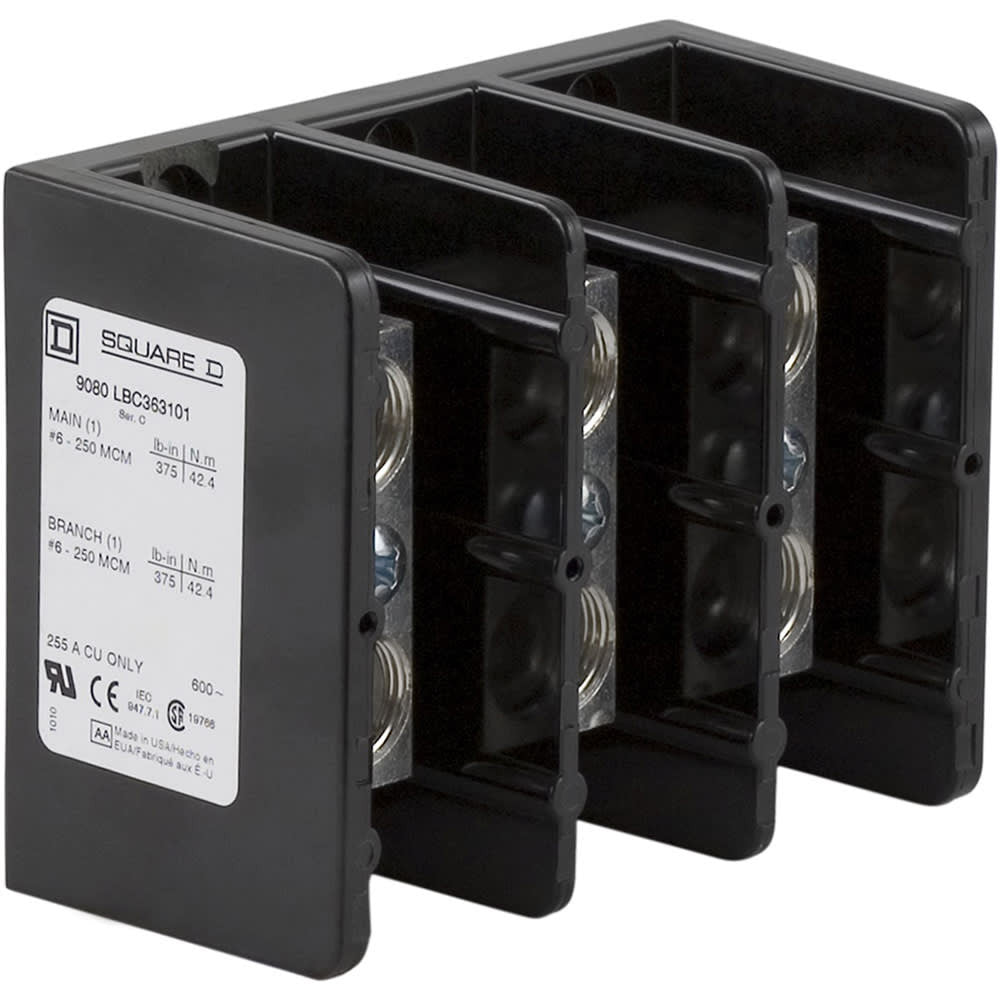 Power Distribution Block, 3 Pole, 255 A Copper, 600 V AC/DC, Surface Mount - 9080LBC363101