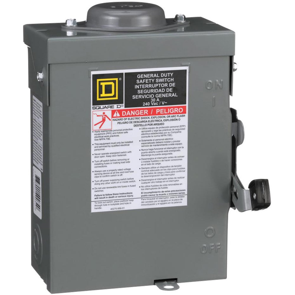 Safety switch, general duty, non fusible, 30A, 2 pole, 3hp, 240VAC, NEMA 3R, bolt on provision - DU221RBUP