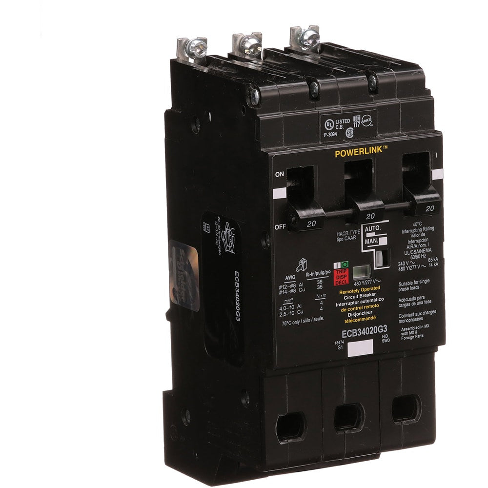 Molded Case Circuit Breaker, POWERLINK Series, 20A, 3 Pole, 277/480V AC, 42kA at 240V AC - ECB34020G3