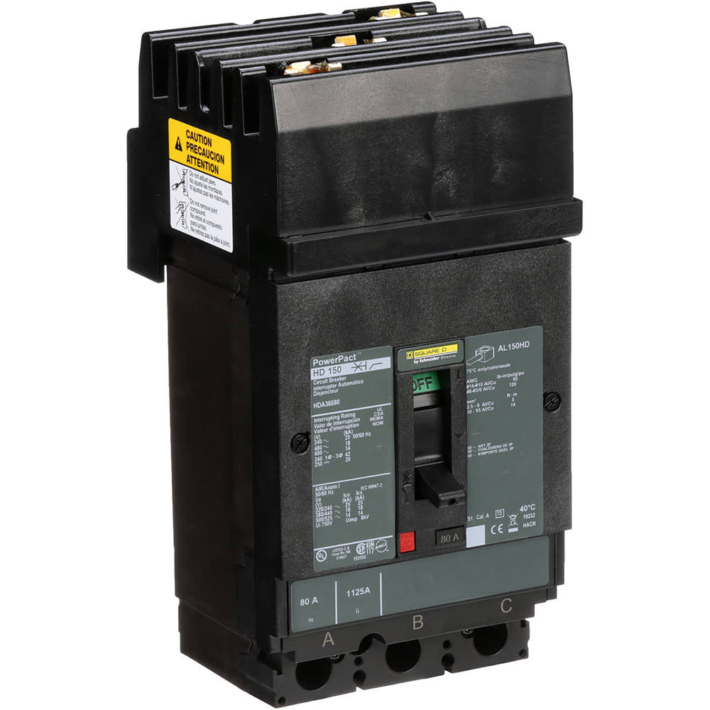 Molded Case Circuit Breaker, POWERPACT H Series, 80A, 3 Pole, 600V AC, 25kA at 240V AC - HDA36080