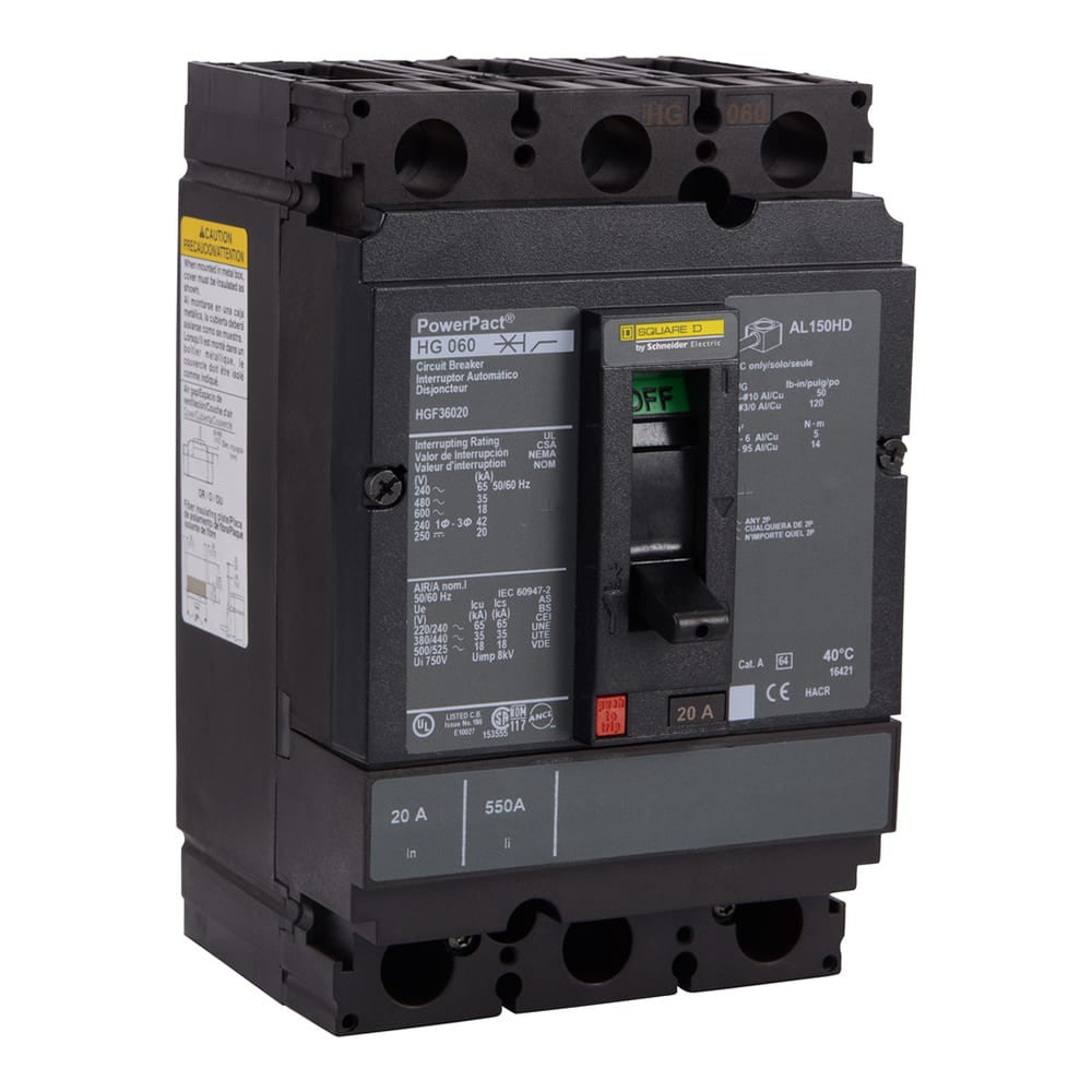 Molded Case Circuit Breaker, POWERPACT H Series, 70A, 3 Pole, 600V AC, 65kA at 240V AC - HGF36070