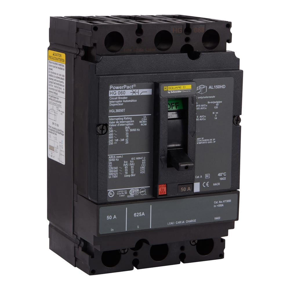 Molded Case Circuit Breaker, POWERPACT H Series, 50A, 3 Pole, 600V AC, 65kA at 240V AC - HGL36050T