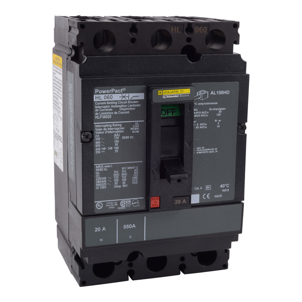 Molded Case Circuit Breaker, POWERPACT H Series, 60A, 3 Pole, 600V AC, 125kA at 240V AC - HLP36060