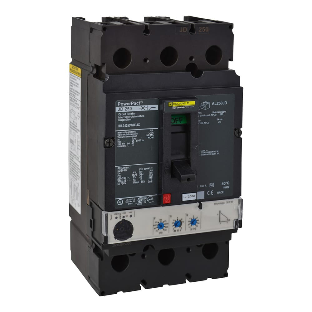 Molded Case Circuit Breaker, POWERPACT J Series, 250A, 3 Pole, 277/480V AC, 25kA at 240V AC - JDL34250WU31X