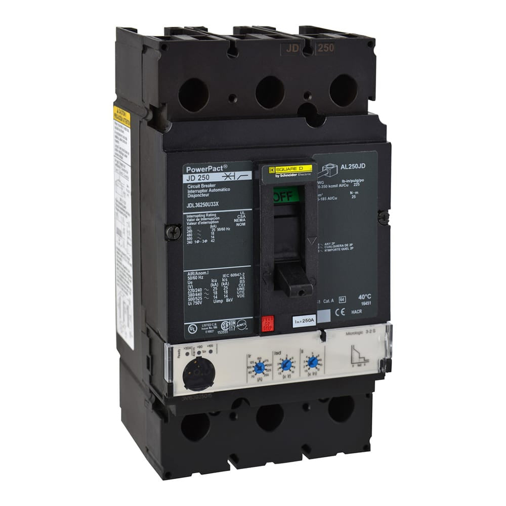 Molded Case Circuit Breaker, POWERPACT J Series, 250A, 3 Pole, 600V AC, 25kA at 240V AC - JDL36250U33X