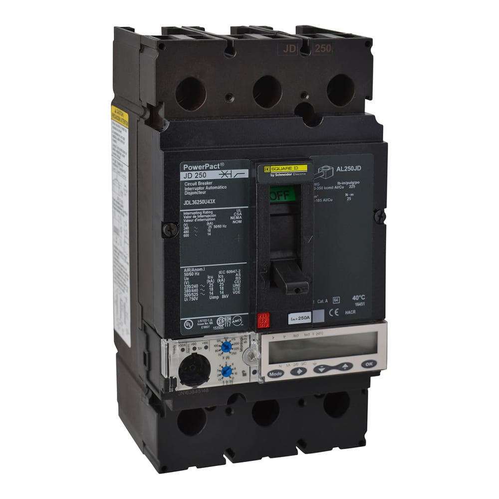 Molded Case Circuit Breaker, POWERPACT J Series, 250A, 3 Pole, 600V AC, 25kA at 240V AC - JDL36250U43X