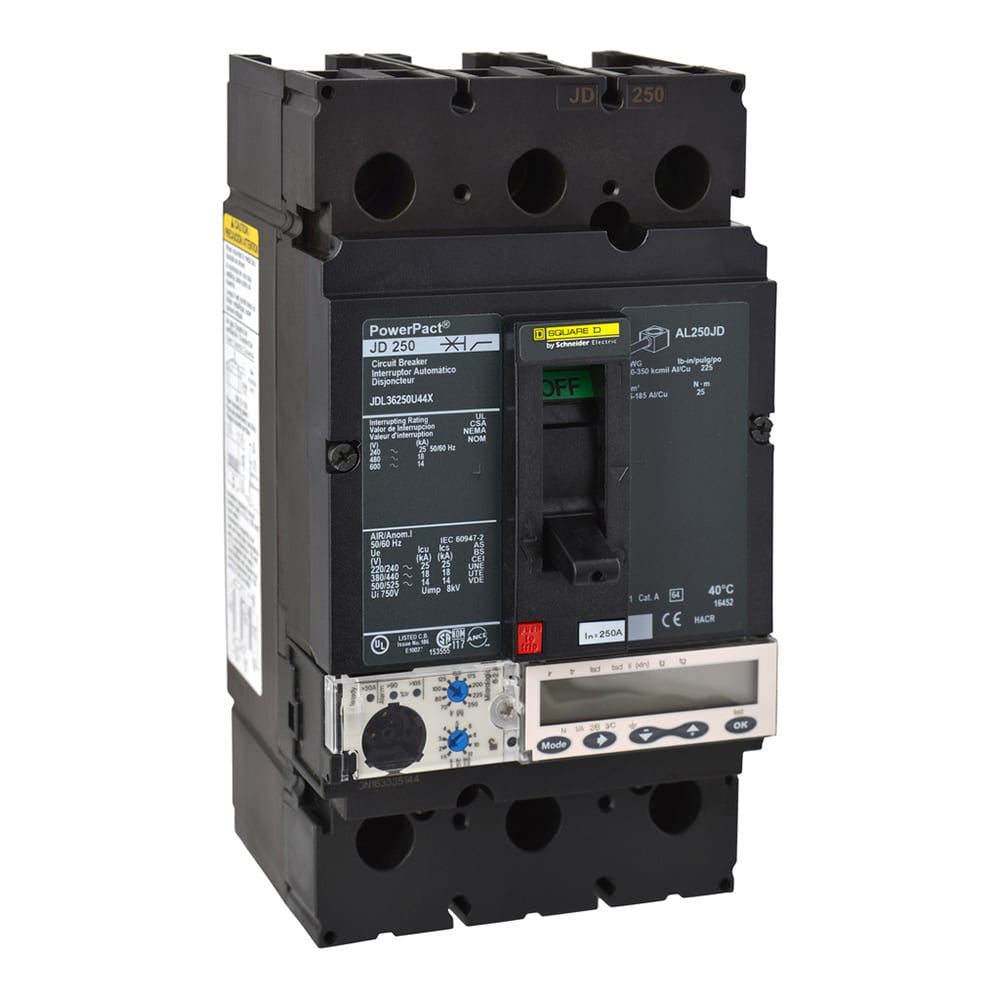 Molded Case Circuit Breaker, POWERPACT J Series, 250A, 3 Pole, 600V AC, 25kA at 240V AC - JDL36250U44X