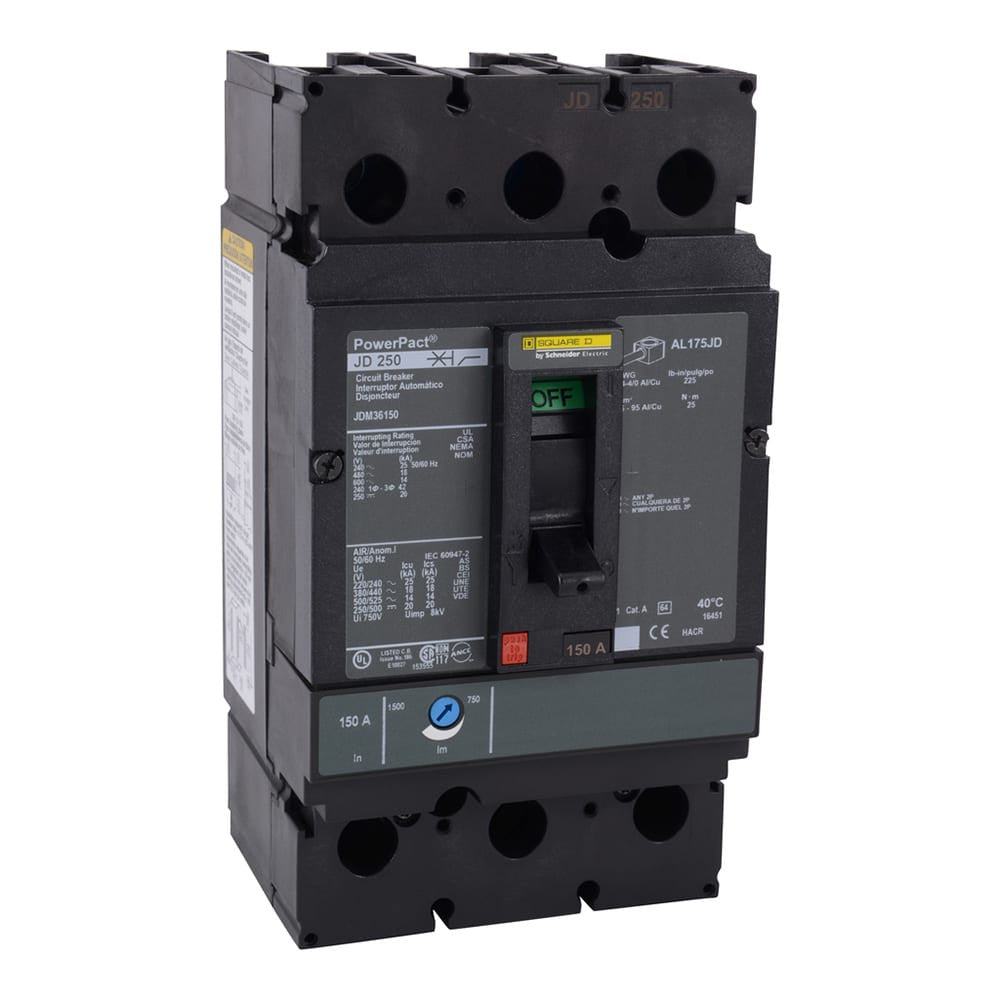 Molded Case Circuit Breaker, POWERPACT J Series, 225A, 3 Pole, 600V AC, 25kA at 240V AC - JDM36225