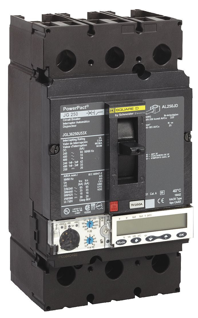 Molded Case Circuit Breaker, POWERPACT J Series, 250A, 3 Pole, 600V AC, 65kA at 240V AC - JGL36250U44X
