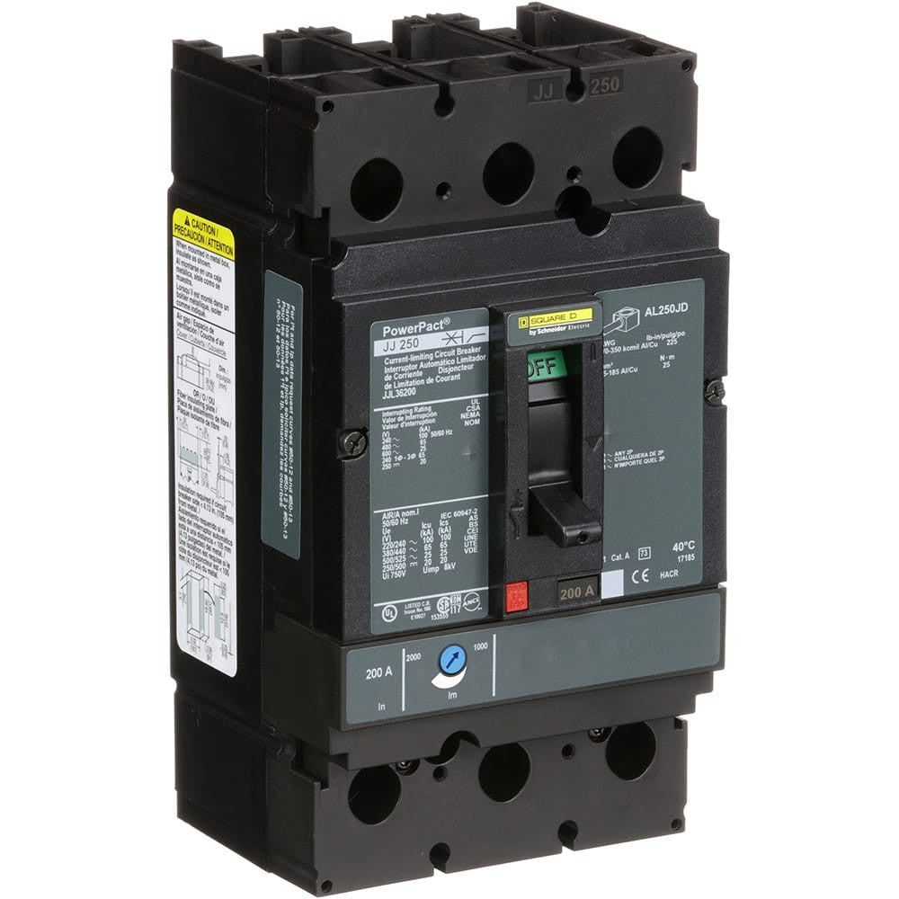 Molded Case Circuit Breaker, POWERPACT J Series, 200A, 3 Pole, 600V AC, 100kA at 240VAC - JJL36200